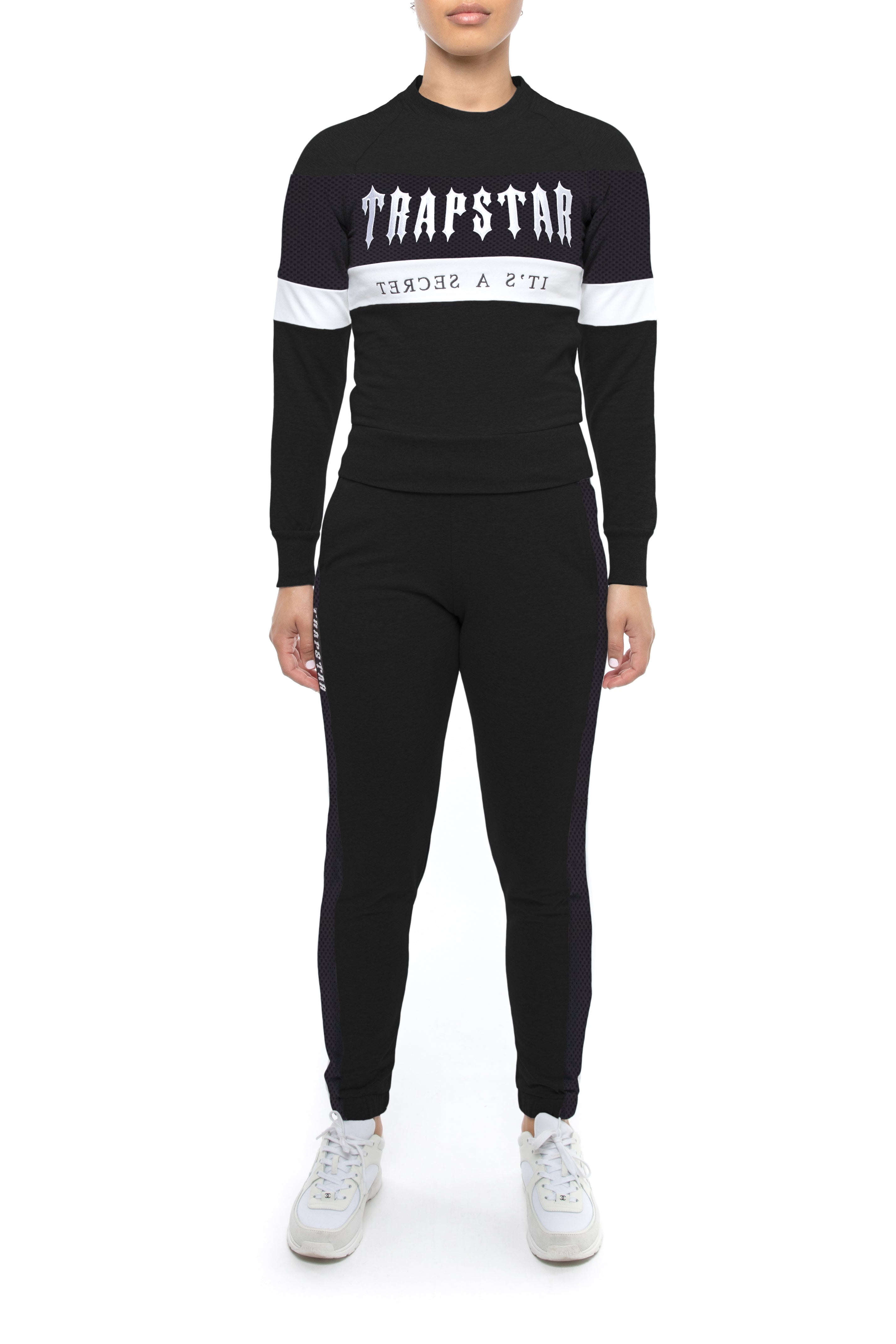 Womens Decoded Mesh Panel Crewneck Tracksuit - Black/White